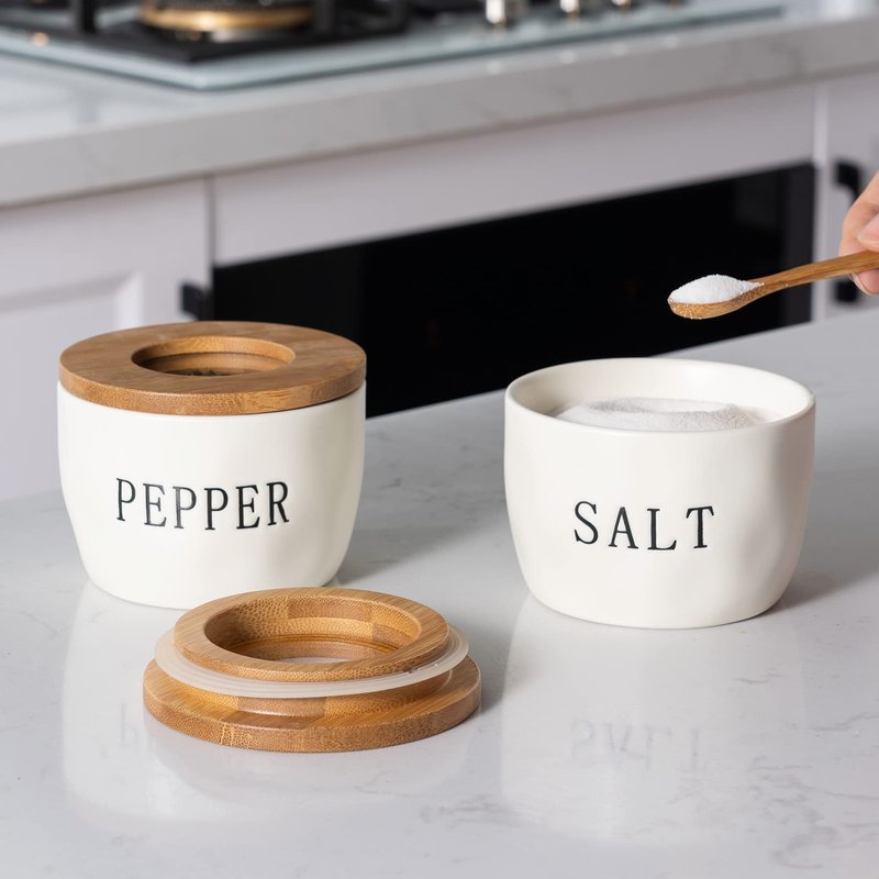 Howise 2 Pack Salt and Pepper Bowls Set, Ceramic Salt and Pepper Containers with Visible Airtight Bamboo Lid and Spoon, White Salt Pepper Holder Shakers Set, Salt Cellar Box Dish with Lid (White)