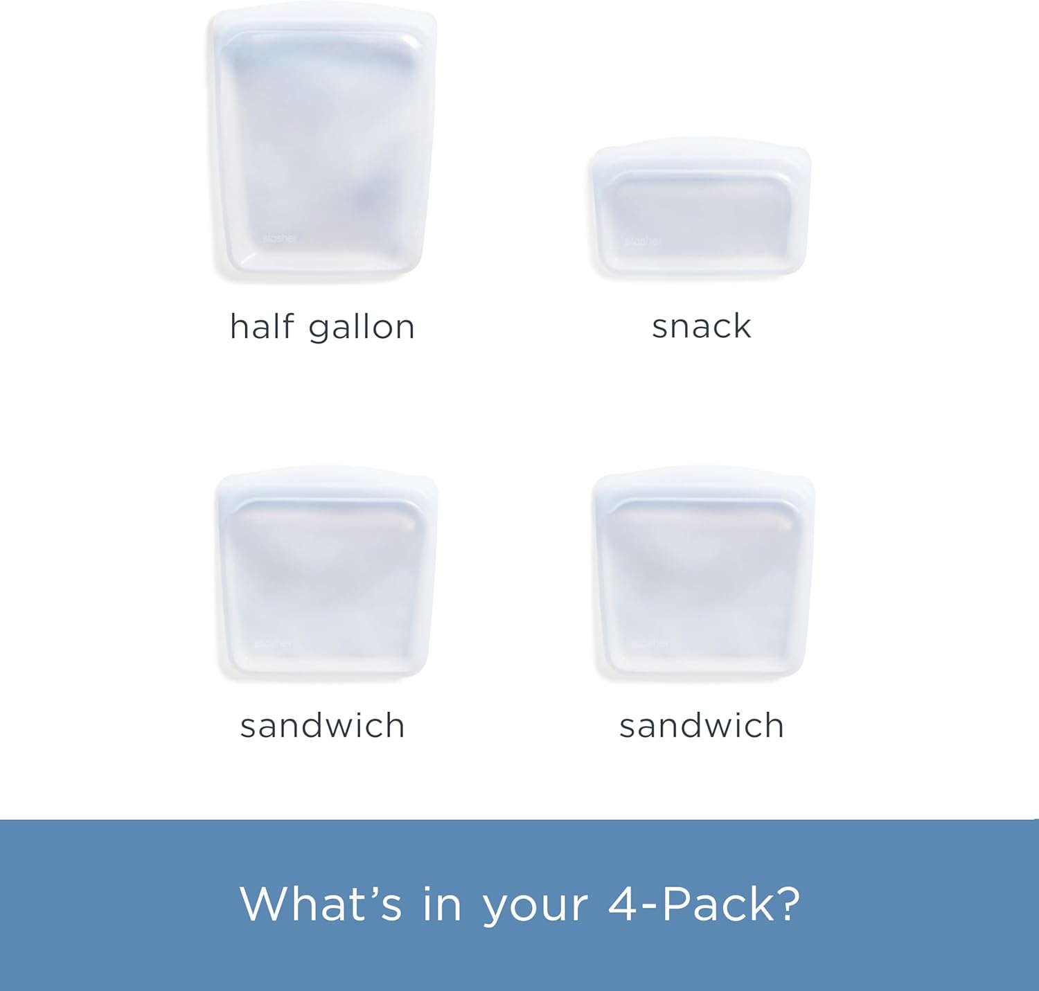 Stasher Silicone Reusable Food Storage Bags - Eco-Friendly, Microwave & Dishwasher Safe, 4-Pack | Clear Snack Containers