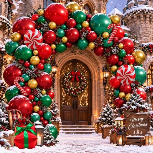 Double Stuffed Christmas Balloon Garland Kit - Dark Emerald Green, Red & Gold, Includes Double-Layer Balloons for Holiday Decorations