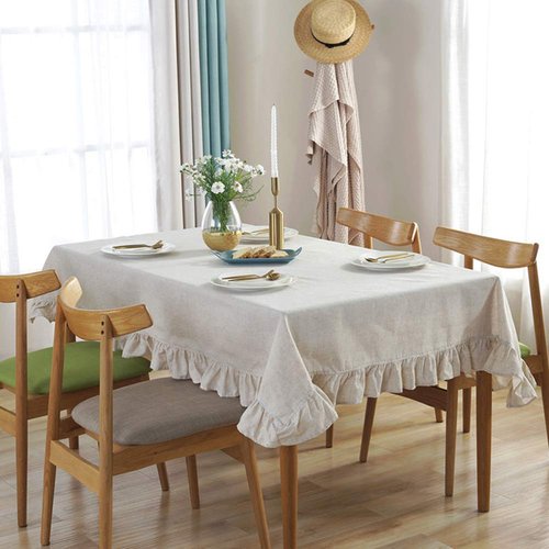 AMZALI Cotton Linen Tablecloth Flounces Fabric Dust-Proof Table Cover for Kitchen Dinner Picnic Table Cloth Tabletop Buffet Home Decoration (Rectangle/Oblong, 55 x 70 Inch, Linen)