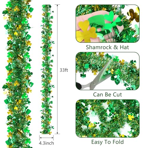 33ft St. Patrick's Day Shamrock Tinsel Garland - Green & Gold Decor