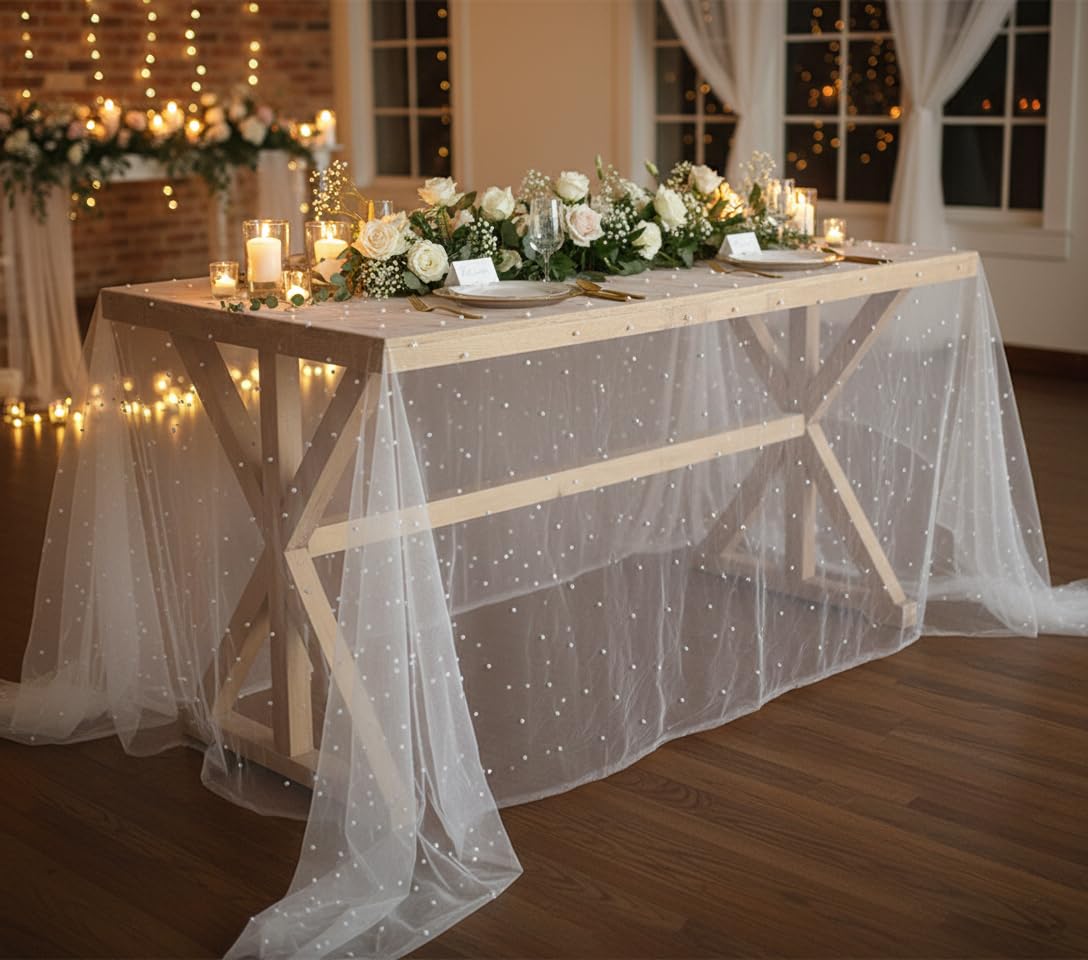 Table Runner 63" X 120" Wedding Arch Decorations Table Line Bridal Shower Decor Fabric Romantic Pearl Lace Tablecloth for Events Embroidered Sheer Wrinkle Free White Dessert Table Cloth Chiffon Tulle