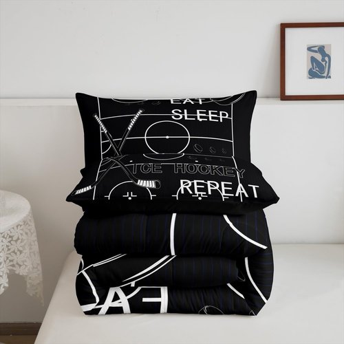 jejeloiu Kids Ice Hockey Comforter Set Twin Size Ice Sports Games Comforter Boys Girls Eat Sleep Hockey Ball Pattern Bedding Set Gaming Sports Theme Black Quilt Set