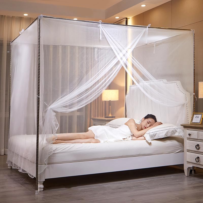 Queen Size White Bed Canopy Mosquito Net - One Side Opening Mesh Curtain