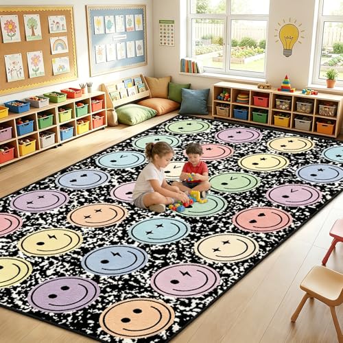 Large Smile Face Classroom Rug, 7.6x12 ft Educational Play Carpet