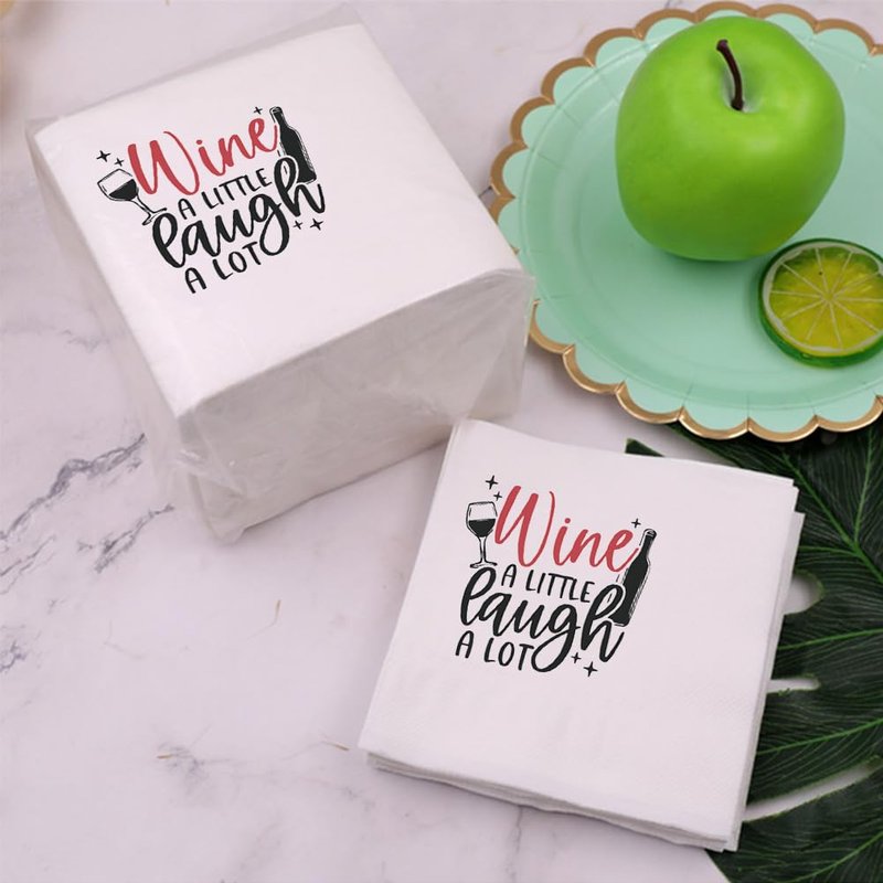 VOWFOO Funny Fiesta Wine Drinking Quotes Saying Cocktail Napkins Party Beverage Bar Paper Novelty Humorous Quirky Gag Gift 100Pcs 4.5 x 4.5 15-ply(Wine A Little Laugh A Lot)