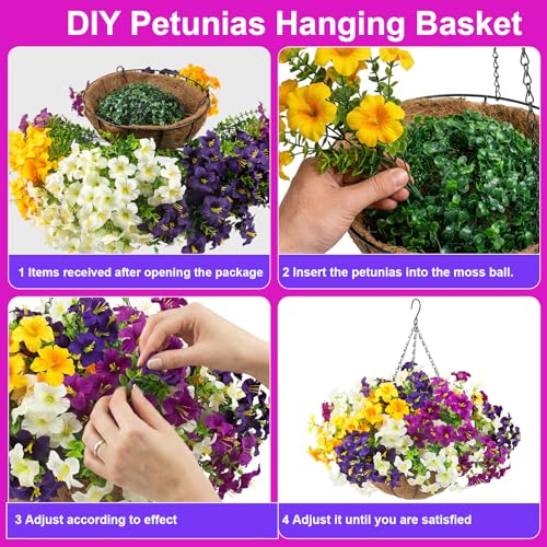 Artificial Outdoor Hanging Basket Flowers - 2 Pack UV Resistant Faux Petunias
