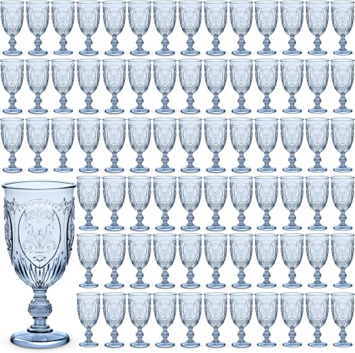 100 Pcs Vintage Embossed Plastic Wine Glasses, 7.5 oz Blue Goblets