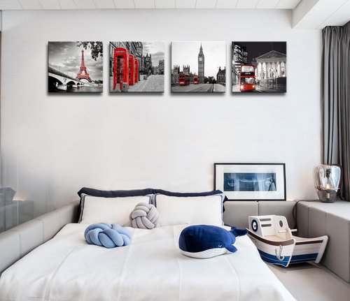 Black and White City Landscape Wall Art for Bedroom Red Street Scenery Canvas Decor for Bathroom Paris Eiffel Tower Pictures Prints London Big Ben Artwork for Living Room Office 16"x16"