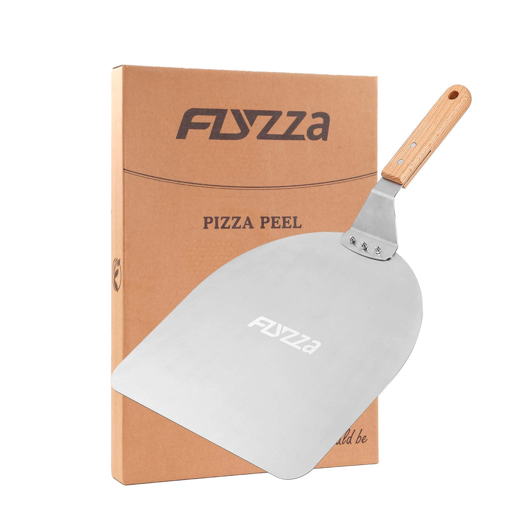 FLYZZA 12 Inch Square Pizza Peel, Stainless Steel Pizza Spatula with Ergonomic Long Wood Handle for Pizza Oven Baking, Turing Peel for Pizza, Dough, Bread Pastry
