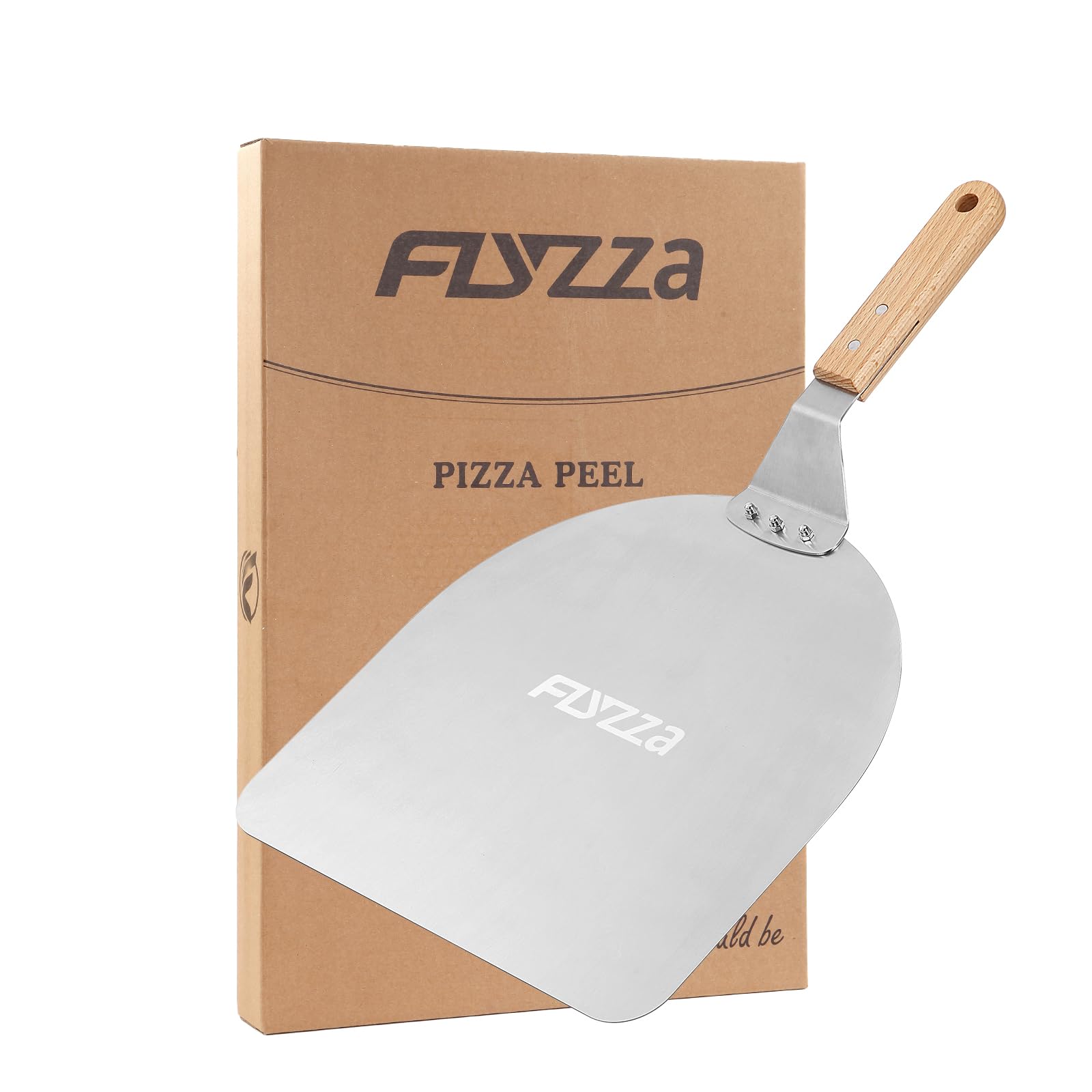 FLYZZA 12 Inch Square Pizza Peel, Stainless Steel Pizza Spatula with Ergonomic Long Wood Handle for Pizza Oven Baking, Turing Peel for Pizza, Dough, Bread Pastry