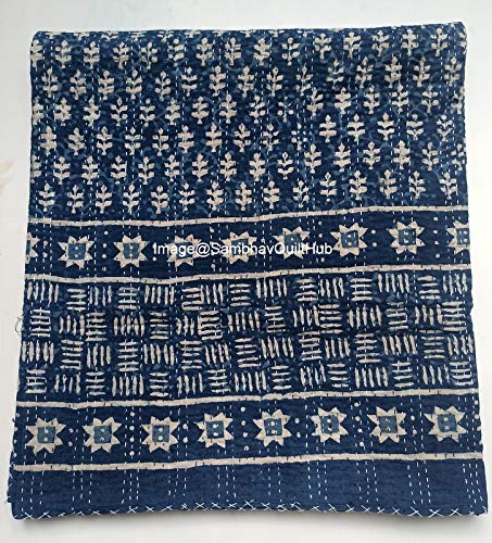 Handmade Indigo Print Cotton Kantha Quilt - Twin/King/Queen