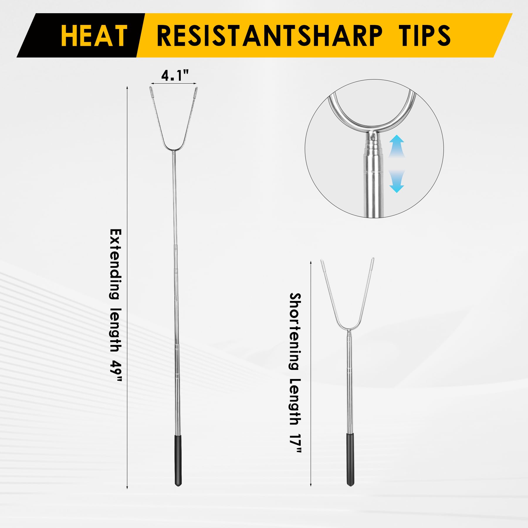 49” Large Fork Head Hot Dog Sticks for Campfires, Extra Long Telescoping Marshmallow Roasting Sticks for Fire Pit, Smoking Sticks for Bonfires,Compatible with Solo Stove, Camping Accessories，4 Pack