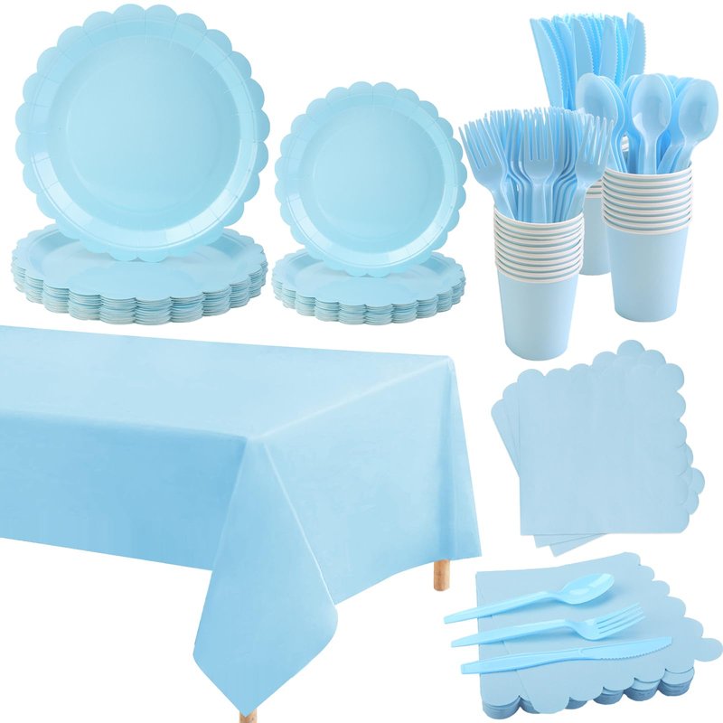 176 Pcs Light Blue Paper Plates and Napkins, Easter Plates Blue Party Supplies Include Light Blue paper plates Napkins Cup Plastic Tablecloth Spoon Fork Knives for Birthday Wedding Baby Shower