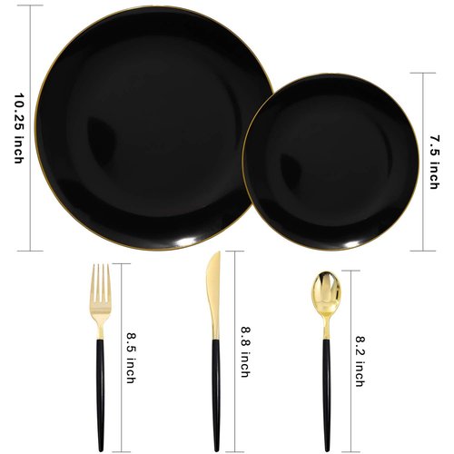 Nervure 150PCS Black Plastic Plates - Black and Gold Disposable Plates - Premium Heavyweight Gold Plastic Dinnerware with Black Silverware Ideal for Wedding & Halloween & New Year