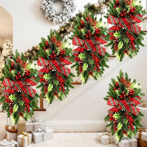 Lyrow 4-Pack Christmas Stairway Swags 24 Inch Holiday Decor Red Green