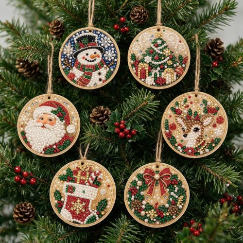 DIY Pearl Diamond Art Ornaments Set - 6 Wooden Holiday Decorations with Pearls & Gems