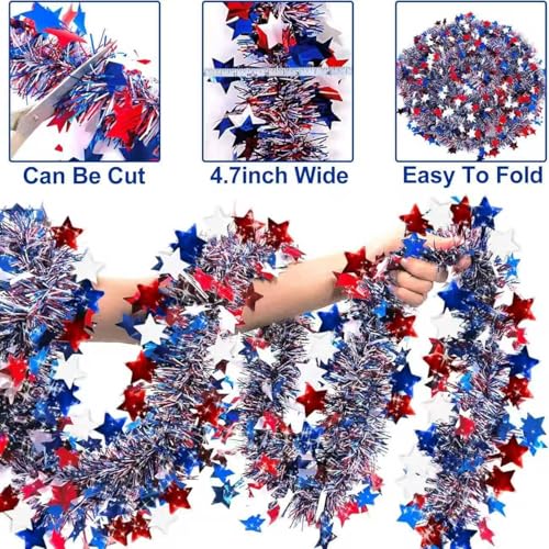 50ft Patriotic Red White Blue Metallic Tinsel Star Garland for 4th of July