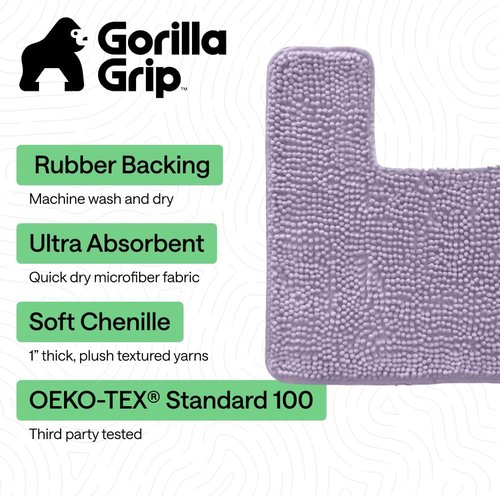 GORILLA GRIP Plush Chenille Bath Rug Mat - Soft Microfiber, Machine Washable, Lt Purple | Fits Square Toilet Base
