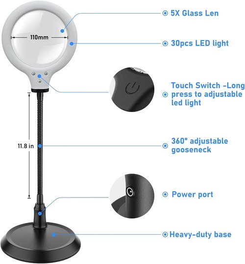 Magnifying Glass with Light - 5X Dimmable Hands-Free Magnifier for Reading & Crafts