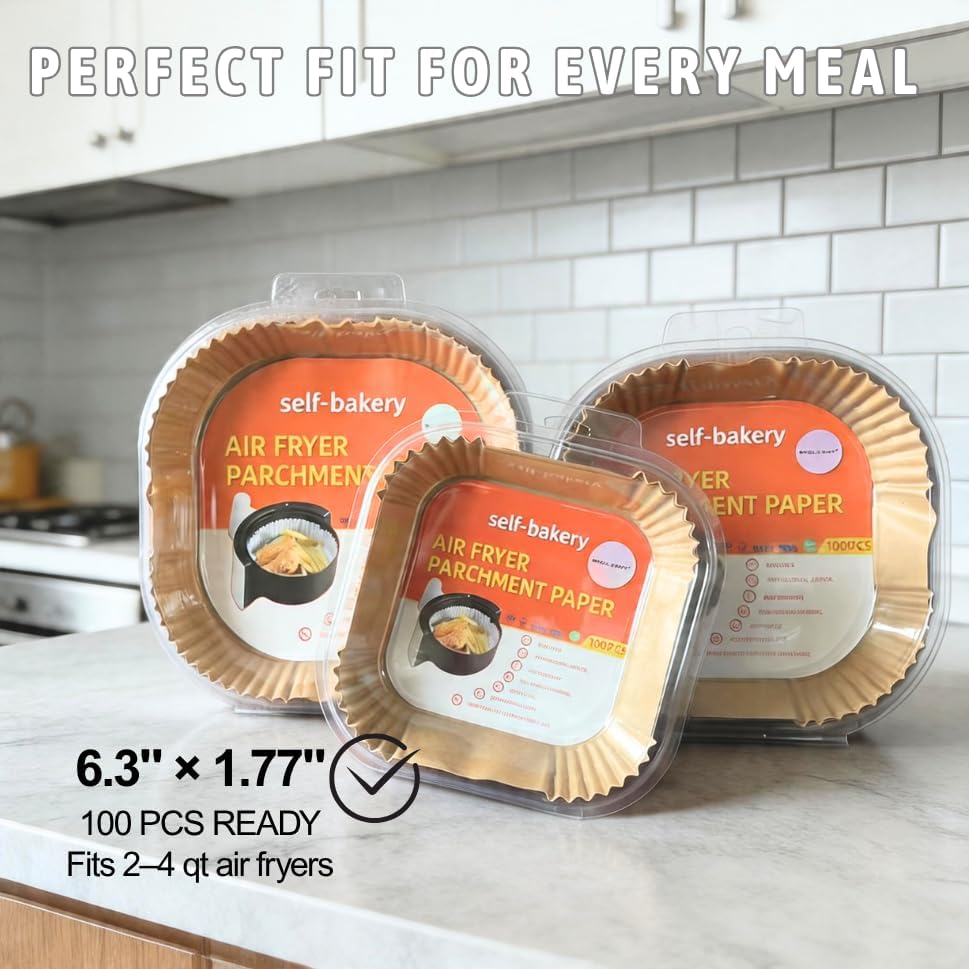 Skiennix Air Fryer Paper Liners - 100PCS Food-Grade Parchment, Oil-Proof & Waterproof | 6.3 Inch Square
