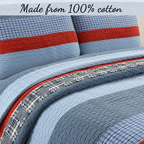 Navy Blue and Red Striped 100% Cotton Queen Quilt Bedding Set - 3 Piece