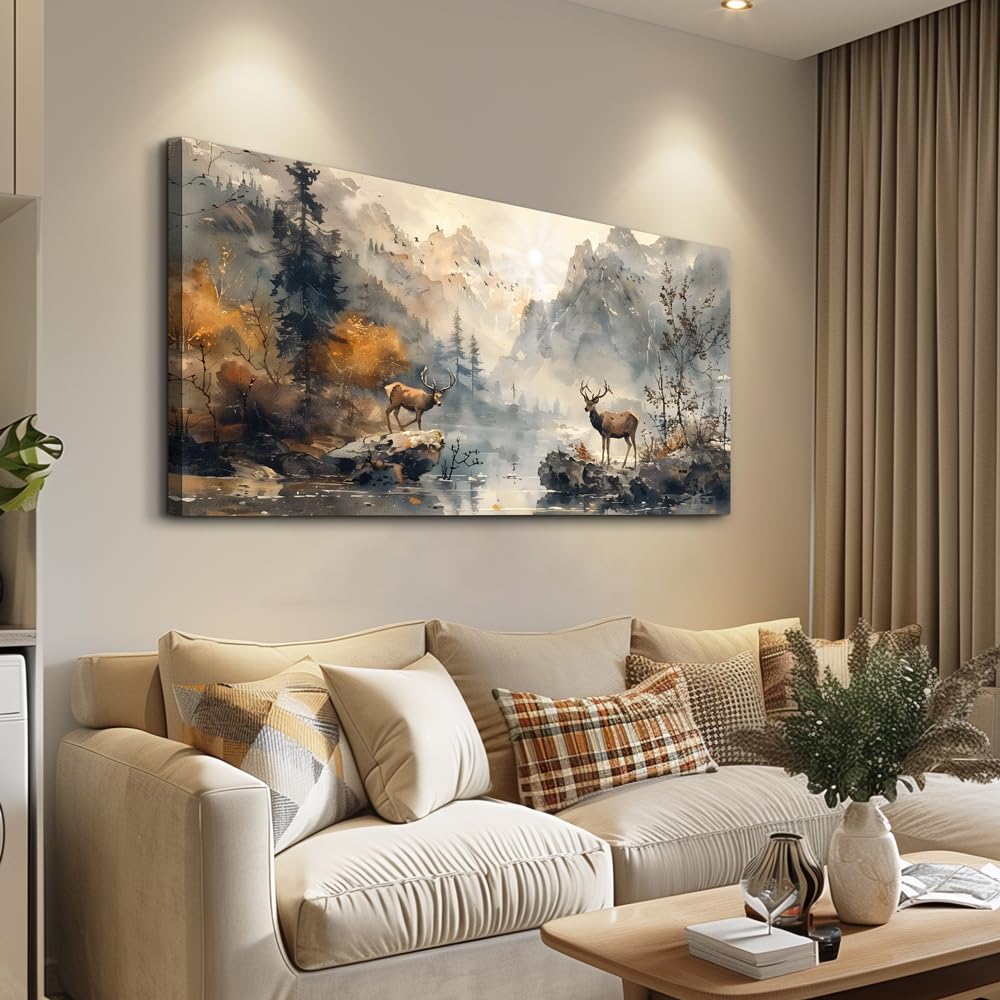 KELIYUAN Framed Canvas Wall Art Decor Living Room Large Wall Decorations For Office Mountain Landscape Ink Painting Abstract Pictures Bedroom Wall Decor Artwork Room Mural Home Decor 24x48 In