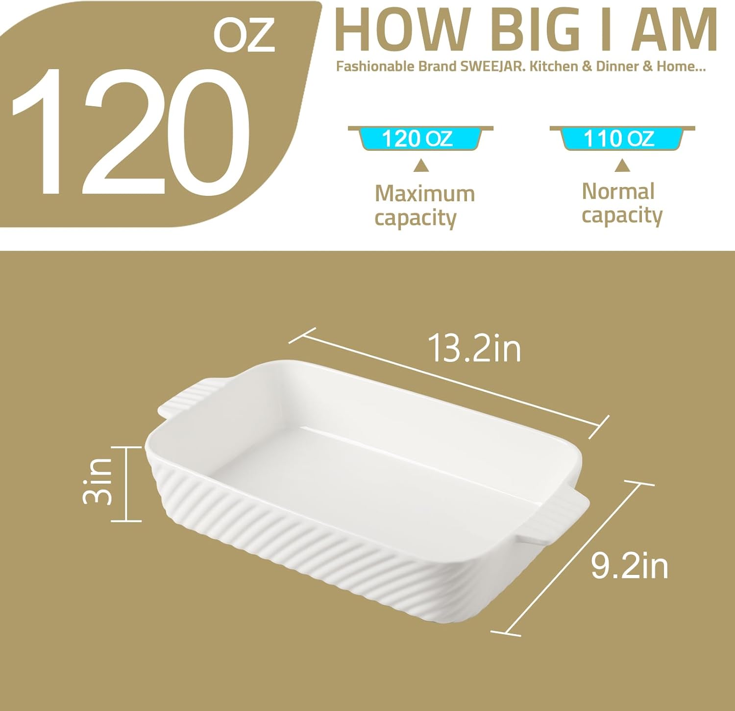 Sweejar Ceramic Baking Pan - 13 x 9 Porcelain Dish for Brownies & Lasagna | Turquoise Casserole with Handle