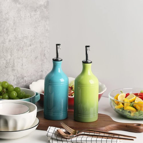 Sweejar Ceramic Olive Oil Dispenser Bottle, Opaque Oil Cruet Protects to Reduce Oxidation, Suitable for Storage Vinegar, Coffee Syrups & Other Liquids, Pack of 1, 15.5 Fl Oz(Gradient Green)