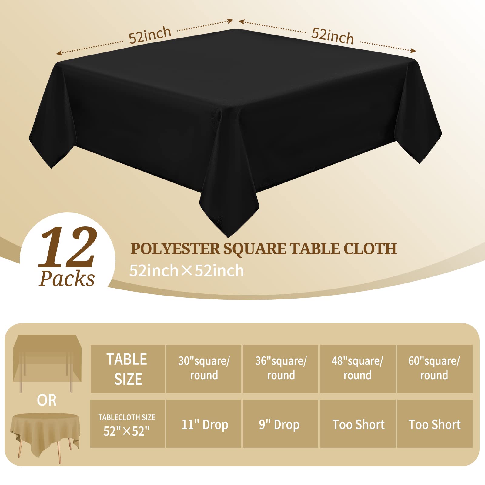 Pesonlook 12 Packs Square Tablecloth, 52×52 Inch Polyester Washable Square Polyester Table Cover for Tables/Buffet/Wedding/Party/Restaurant(Black)
