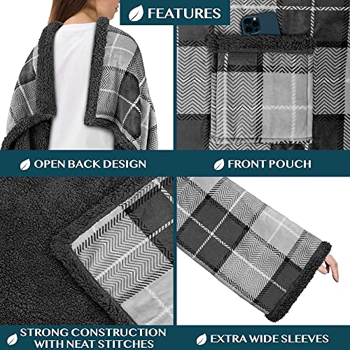 Wearable Blanket with Sleeves and Pocket, Soft Fleece Sherpa Throw Wrap