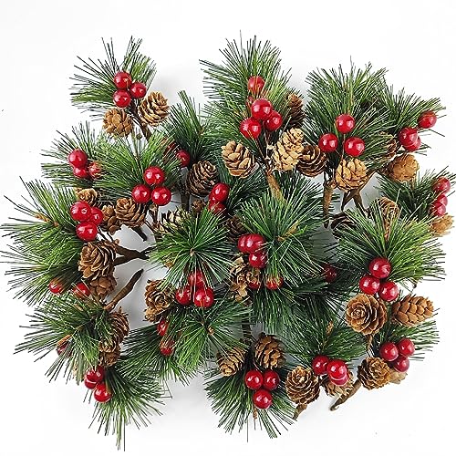 25PCS Artificial Pine Picks with Red Berries & Pinecones – Fake Pine Branches for Christmas Crafts