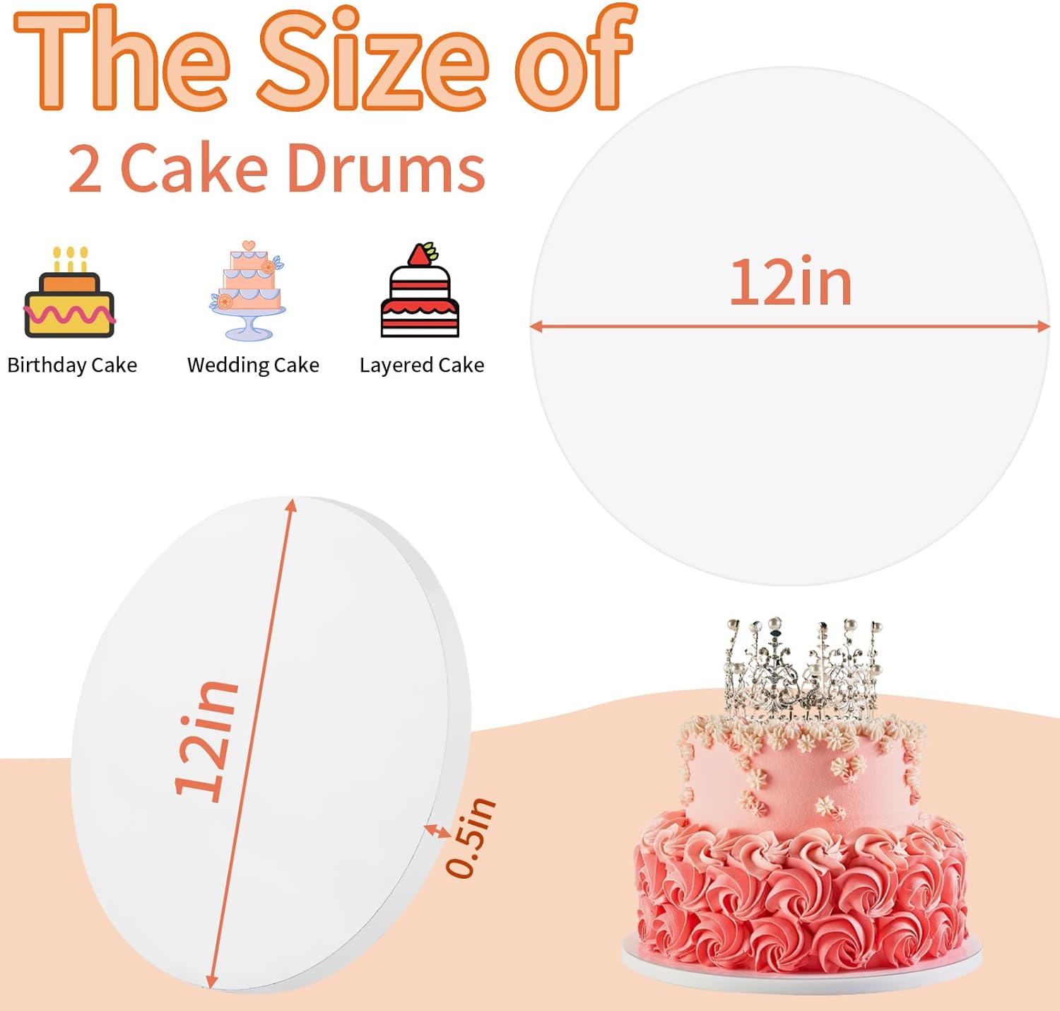 Sturdy 12 Inch Round Cake Boards by [Brand Name] - Durable 1/2 Inch Cake Drums for Multi-Layer Cakes, White, 2 Pcs