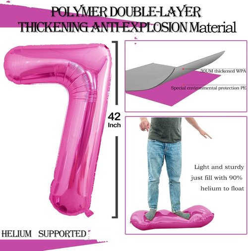 GOER Pink Foil Number 7 Balloons - Huge 42 Inch Balloons for 7th Birthday & Anniversary Decor (3 Pcs)