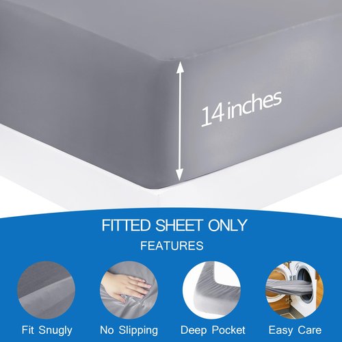 Twin Fitted Sheet Only, Twin Size Sheets for Kids Up to 14 Inches Deep Procket, Single Bed Mattress Sheets Stretchable Breathable Cover, Gray