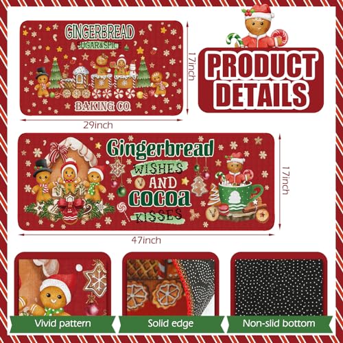 2-Piece Gingerbread Man Christmas Kitchen Rug Set - Non-Slip Holiday Floor Mats