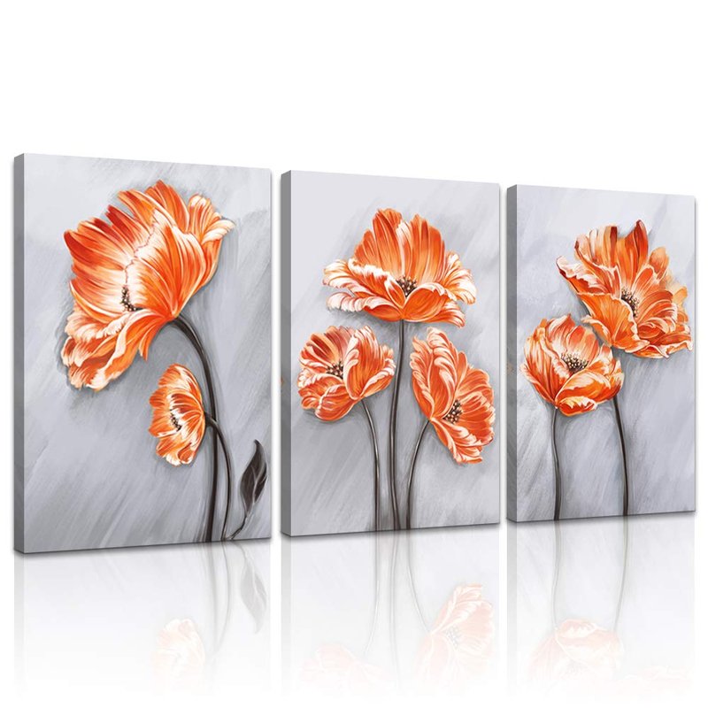 Derkymo 3 Pieces Orange Poppies Picture Elegant Flower Canvas Painting Beautiful Floral in Grey Artwork for Living Room Bedroom Framed Ready to Hang 16"x24"x3pcs