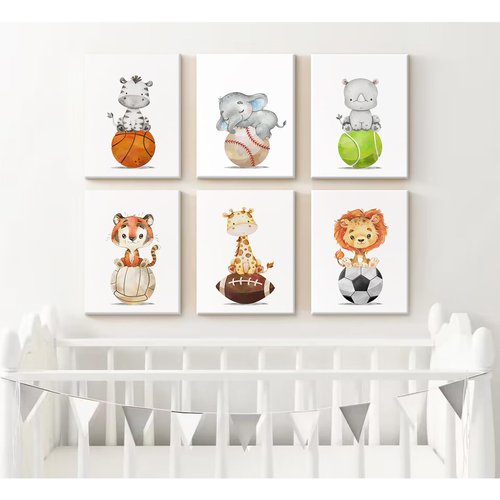 Baby Boy Wall Art Nursery Sports Decor Safari Animal Canvas Wall Art Woodland Baby Boy Room Poster Prints Nursery Artwork Pictures for Bedroom 12x16 set of 6 Inch Wrapped Canvas