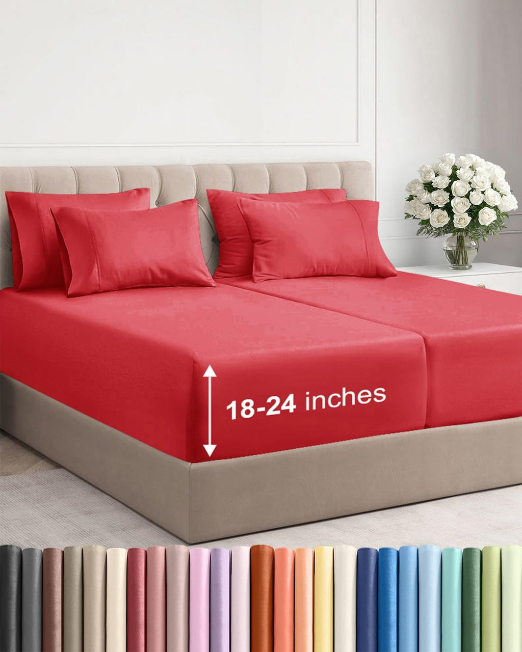 Skiennix Extra Deep Split King Sheet Set - 7 Piece Breathable Cooling Bedding - Soft Wrinkle-Free Red