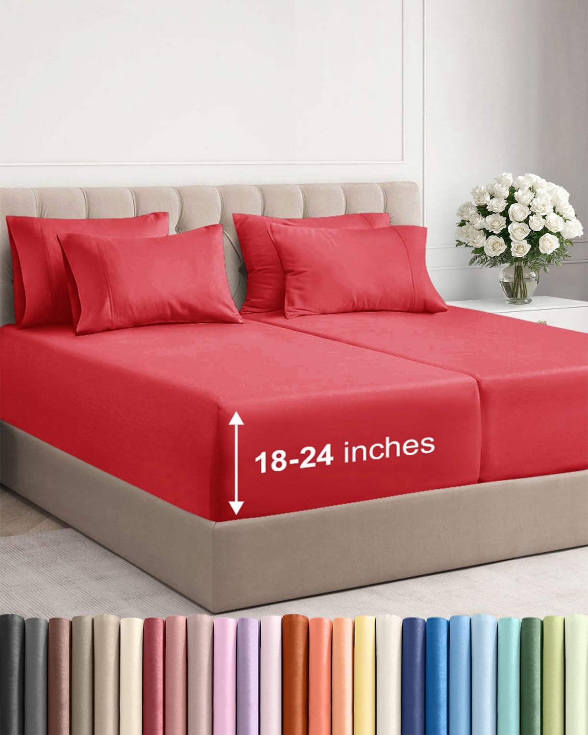 Skiennix Extra Deep Split King Sheet Set - 7 Piece Breathable Cooling Bedding - Soft Wrinkle-Free Red