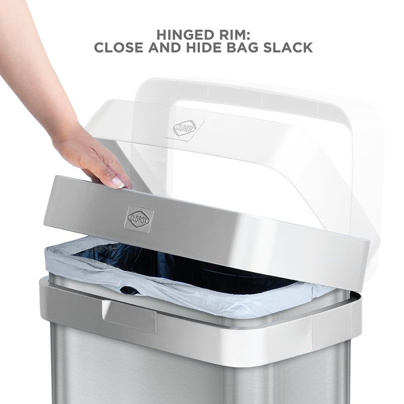 Clorox 13 Gallon Trash Can - 50L Slim Open Top Garbage Bin for Commercial Spaces, Kitchen, Office - Narrow Rectangular Stainless Steel Body with Hinged Rim Protection