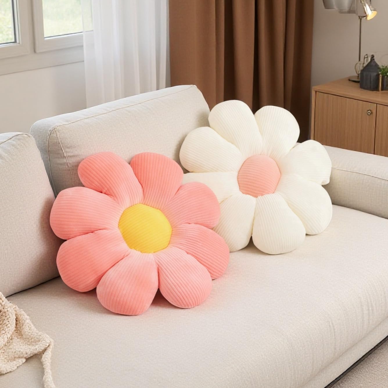 2 Pcs Flower Pillow Decorative Throw Pillows for Bed Couch Sofa Chair, 15.35" Cute Aesthetic Daisy Shaped Throw Pillows Floor Cushions for Bedroom Room Dorm Classroom (White, Orange Pink, 15.35 Inch)