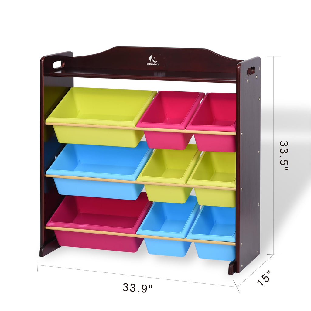 KRAND Toy Storage Organizer for Kids 100% Pine Solid Wood Kids Toy Organizer with Thick Anti-Break Storage Bins (Espresso)