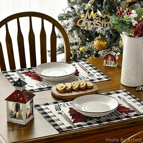 Artoid Mode Watercolor Buffalo Plaid Christmas Placemats – 12x18in, Set of 4 (Black/White) Outdoor & Indoor