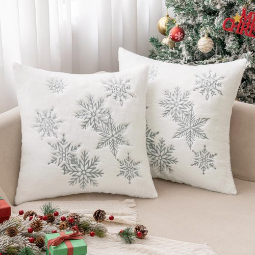 MIULEE Pack of 2 Christmas Decorative Throw Pillow Covers Soft Faux Fur Pillow Cases with Embroidery Snowflake Winter Cute Pillowcases Holiday Decor for Couch Sofa Bedroom, 18×18 Inch, Grey