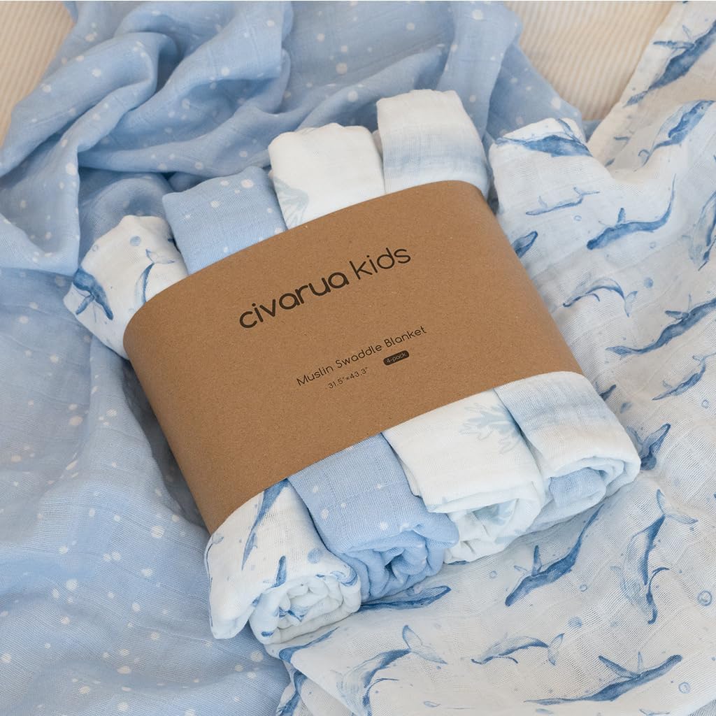 Skiennix Muslin Swaddle Blankets - 4 Pack Cotton Baby Blankets for Boys | Large 31.5 x 43.3 Soft & Breathable Blue Whale Design
