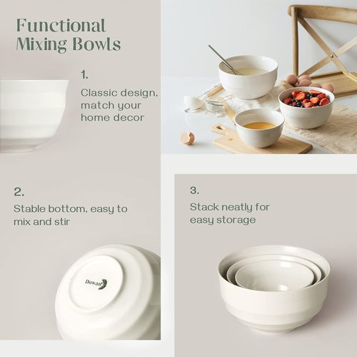 DOWAN Ceramic Mixing Bowls Set - Sturdy & Space-Saving | Microwave & Dishwasher Safe | 3.5/1.9/1.2 Qt, Creme White