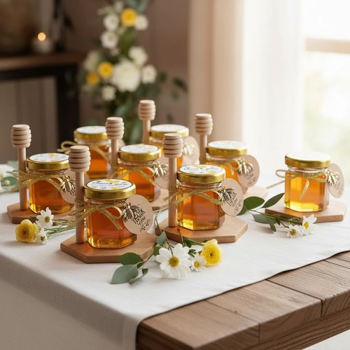 Ahhute Honey Pot, Mini Honey Jars with Dipper, Glass Honey Jars Baby Shower Favors, Party Favors & Wedding Favors, Lid, Bee Pendants, Gold Fabric Ribbons and Gold Organza Bags, 40 Pack 1.5oz
