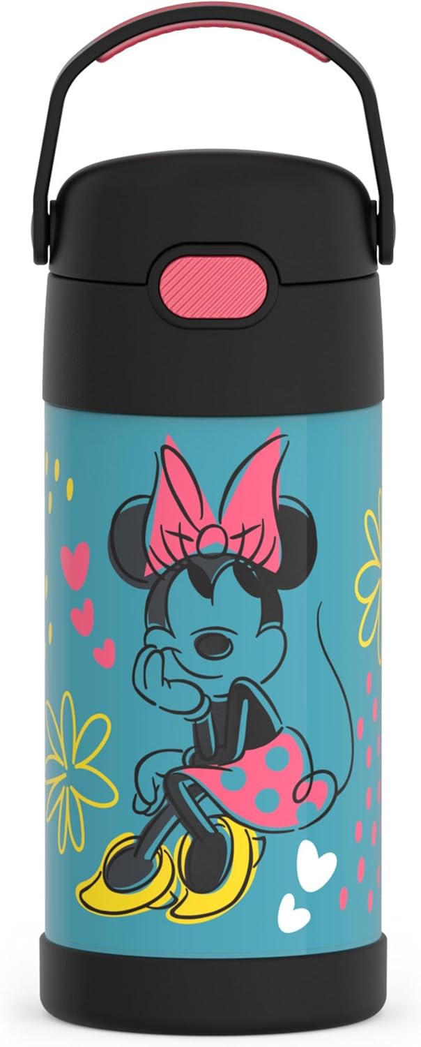THERMOS FUNTAINER Water Bottle - 12 Ounce Stainless Steel, Vacuum Insulated with Straw | Minnie Mouse Design