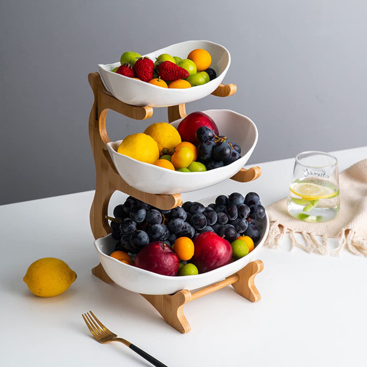 Liywall - Large 3 Tier Ceramic Fruit Bowl With Bamboo Wood Stand for Kitchen Counter,Porcelain Fruit Basket for Fruit Storage,Snack Dessert Cake Tray Plate Rack for Party Wedding - Big White